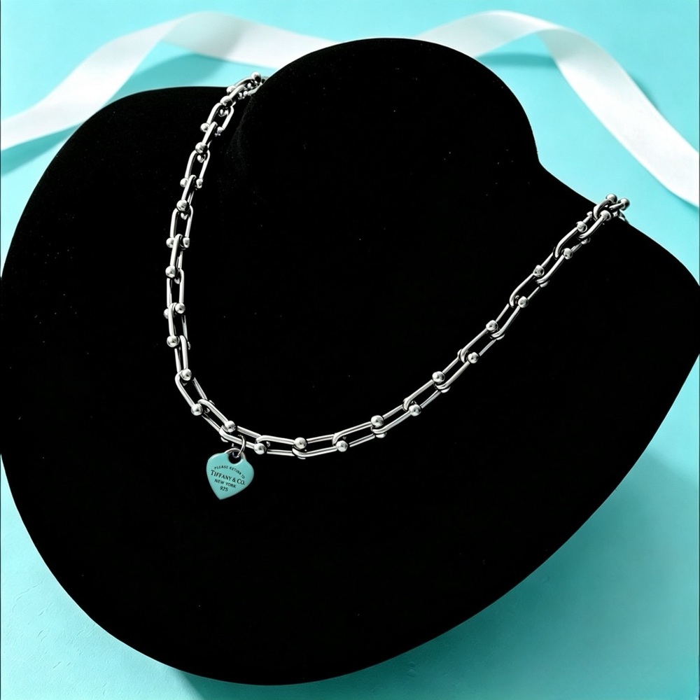 Tiffany & Co. Silver Link Necklace with Turquoise Heart Tag